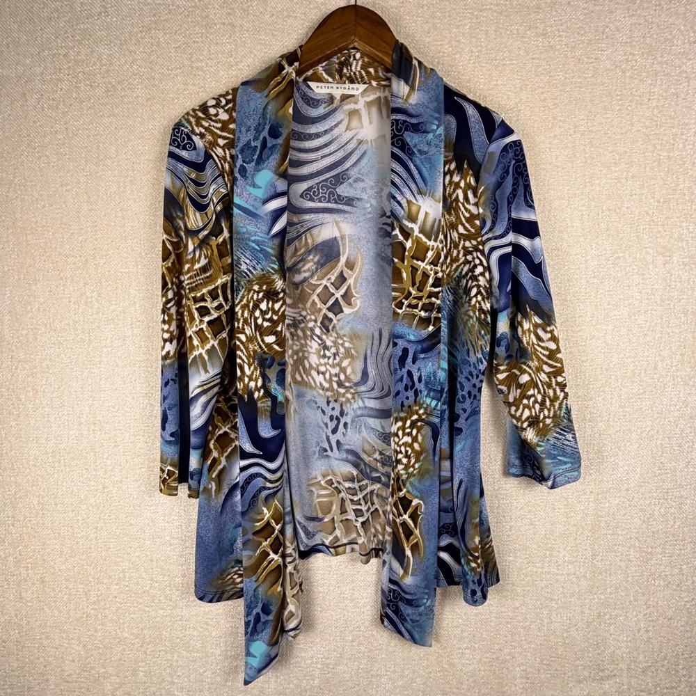 Peter Nygard Blue Abstract Animal Print Open Front Cardigan Top 3/4 Sleeve Sz M